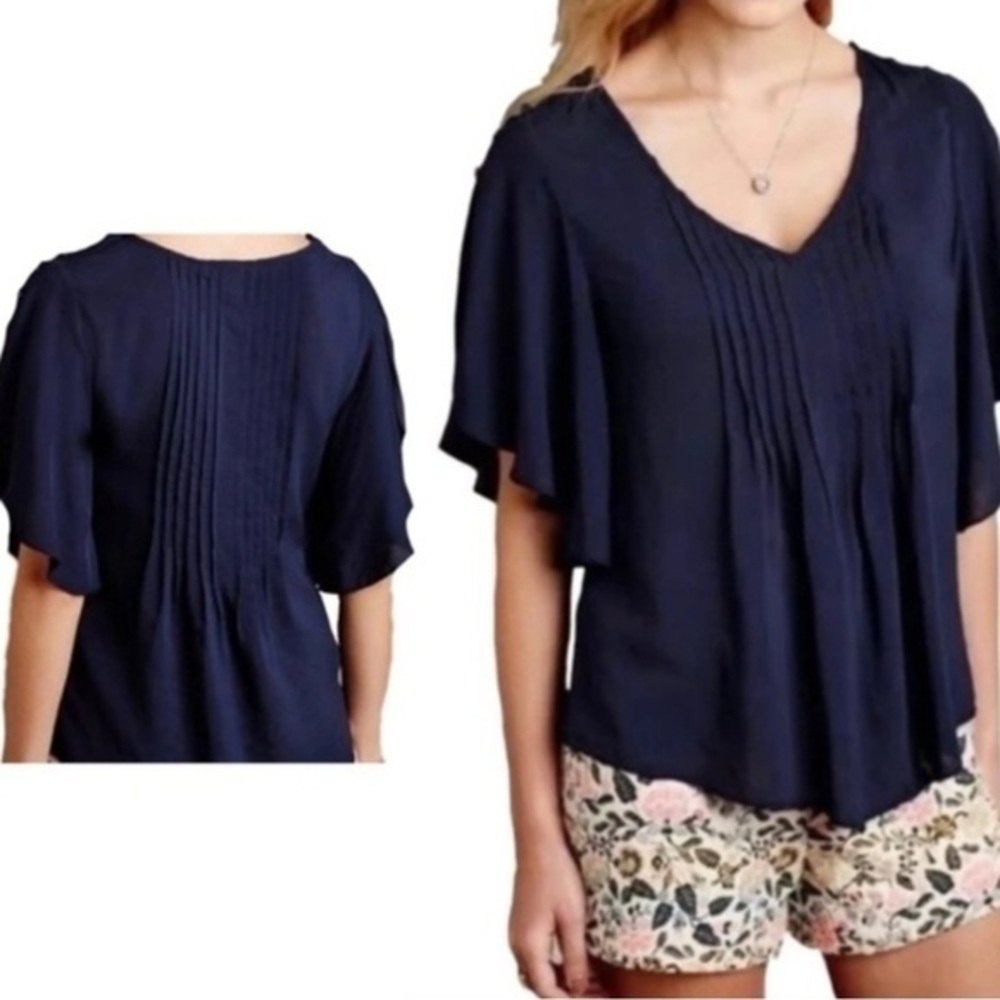 Anthropologie Maeve Navy Blue Maya pintuck flutter sleeve